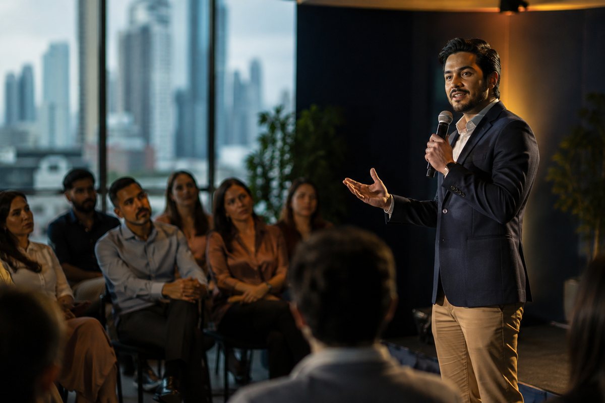 Profesional exponiendo ante una audiencia
