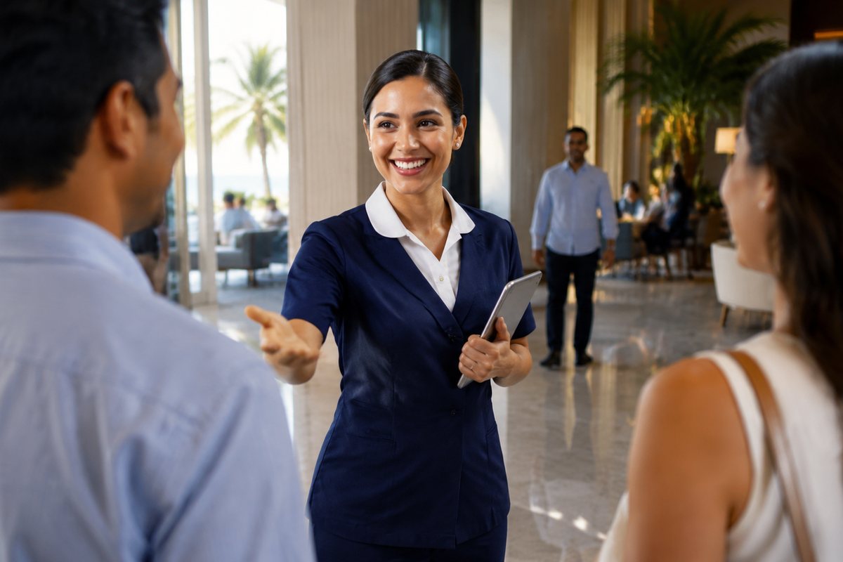 Profesional de hotelería recibiendo huéspedes