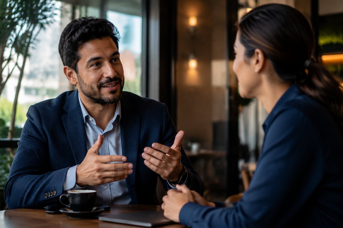 Conversación de ventas entre dos profesionales