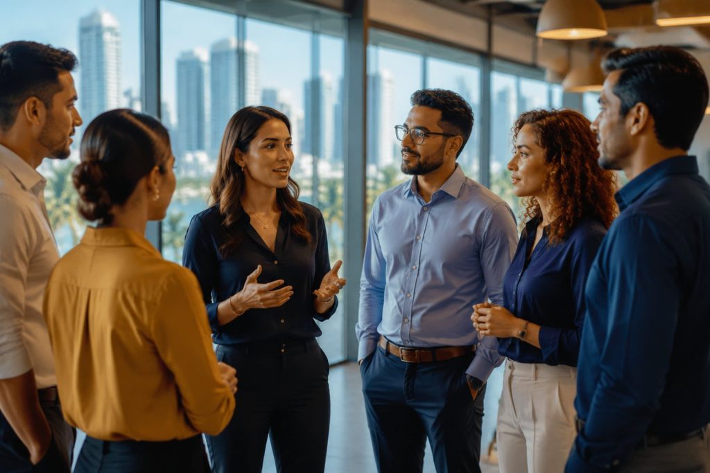 Profesionales conversando en un espacio de trabajo colaborativo